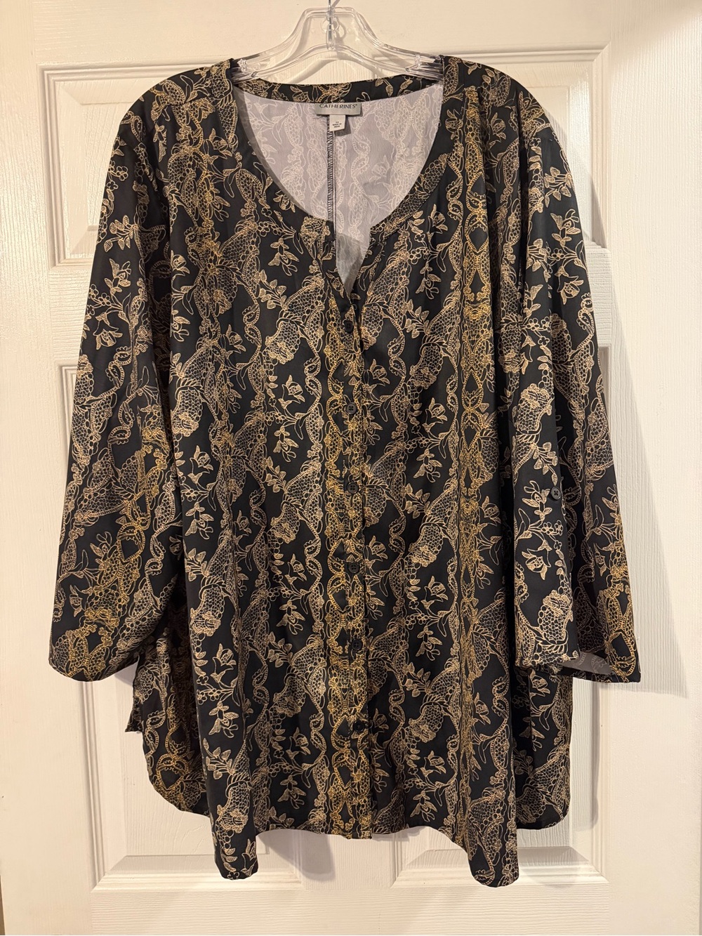 Catherines Black Blouse with Gold Paisley Print